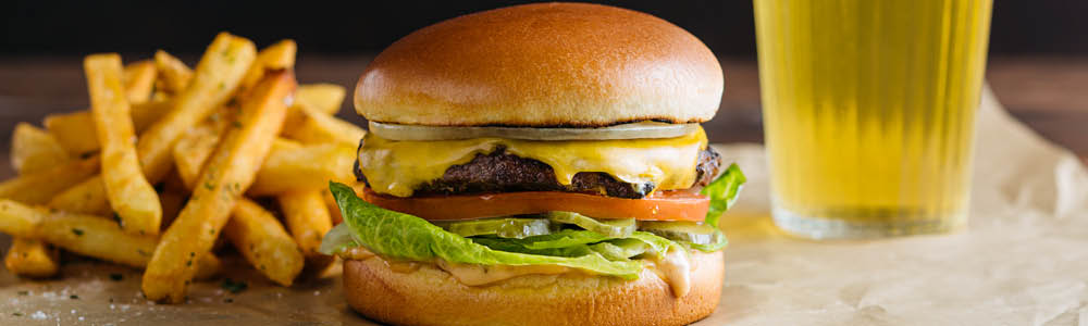 Grass fed cheeseburger with french fries